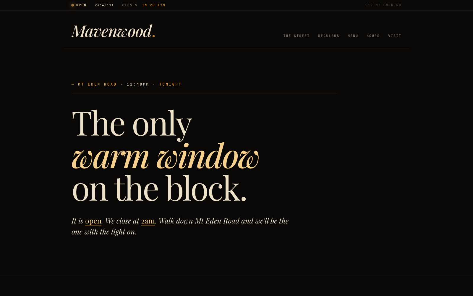 Mavenwood · premium late-night bar website preview
